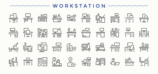 Workstation line icon set. Featuring work place, office, place and more. Place linear icon set. Thin web icons. Editable stroke.