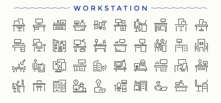 Workstation line icon set. Featuring work place, office, place and more. Place linear icon set. Thin web icons. Editable stroke.