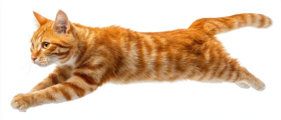 Ginger tabby cat leaping in mid air on white background studio shot cute pet in motion action animal portrait