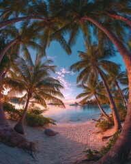 Obraz premium Tropical beach paradise at sunset with palm trees framing the sky in Bora Bora French Polynesia fisheye view