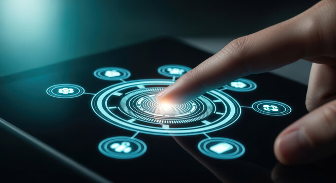 Futuristic Digital Interface Interaction with Finger Touch. - Powered by Adobe