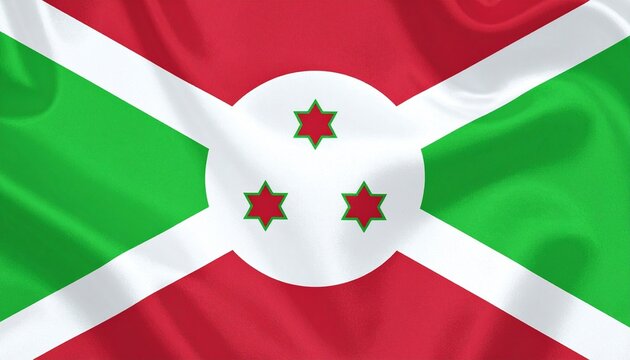Burundi national flag with white diagonal cross dividing red and green fields, featuring three red six-pointed stars in a white circle — symbol of unity, peace, and national heritage.