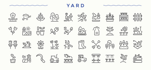 Yard vector icon set. UI icons set in a thin style. Pixel perfect. Editable stroke. Farming simple icon set. Contains such icons as gardening, harvest, land, agro and more.