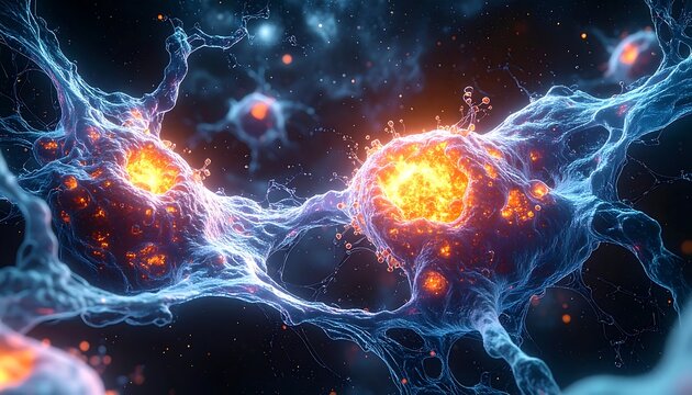 Glowing clusters enveloped in translucent, interconnected network against a nebulous dark backdrop