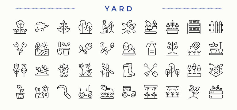 Yard vector icon set. UI icons set in a thin style. Pixel perfect. Editable stroke. Farming simple icon set. Contains such icons as gardening, harvest, land, agro and more.