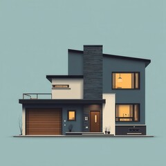 Modern minimalist house illustration, geometric design, architectural rendering, front view, contemporary style, residential building