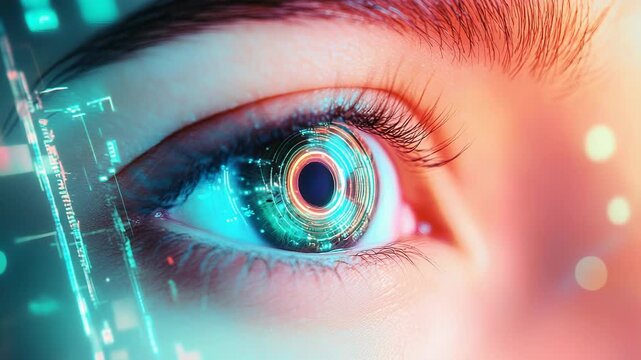 Human eye connecting with digital data interface and artificial intelligence