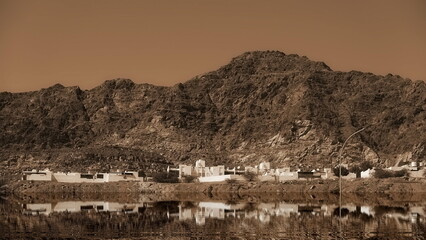 Mountain Village Reflection Landscape Scenic View Sepia Color Photography