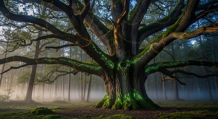 Mystical ancient oak tree glows with enchanting fairy lights and ethereal green energy in a foggy enchanted forest setting
