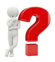 3d white figure pondering next to a large red question mark transparent background cutout png