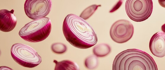 Sliced Red Onions Floating in Air Still Life Food Photography Studio Shot Culinary Ingredient Vegetable