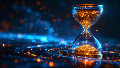 Luminous hourglass with swirling glowing particles. Futuristic flow of time. Abstract design.