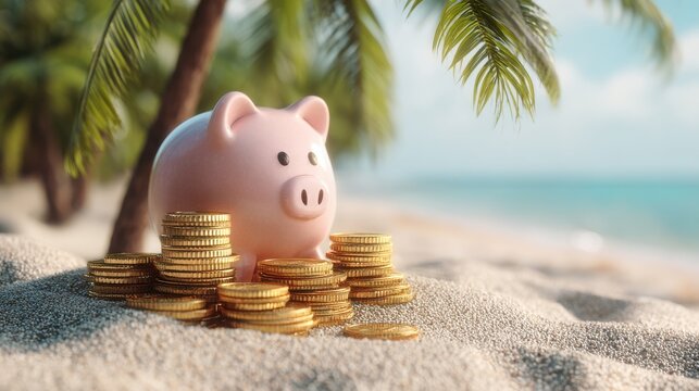 Saving for Vacation Piggy Bank with Gold Coins on Tropical Beach Close Up View Concept for Retirement Planning or Financial Freedom