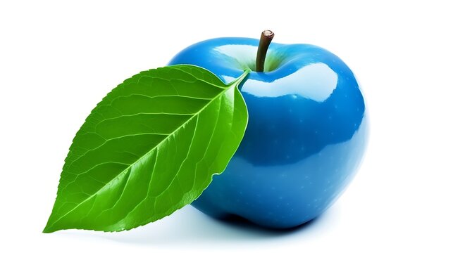Vibrant blue apple with a fresh green leaf, a striking visual metaphor for unique ideas, innovation, and healthy choices