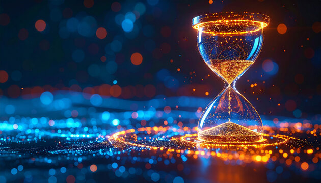 Luminous hourglass with swirling glowing particles. Futuristic flow of time. Abstract design.