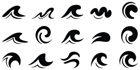 Wave Pattern Vector Set – Sea Curl, Flow Symbol, Surf Design, Abstract Fluid Shape