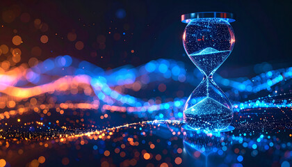Luminous hourglass with swirling glowing particles. Futuristic flow of time. Abstract design.
