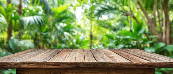 Naklejka premium Wooden Table Surface in Lush Tropical Rainforest Environment for Product Display Background Nature Photography