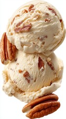 Two scoops of pecan praline ice cream with pecan halves on a white background close up studio shot dessert food