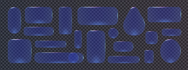 Transparent 3d glass button frame set for modern UI design and morphism style. Glossy shapes with realistic highlights show glass button concept in elegant morphism interface.