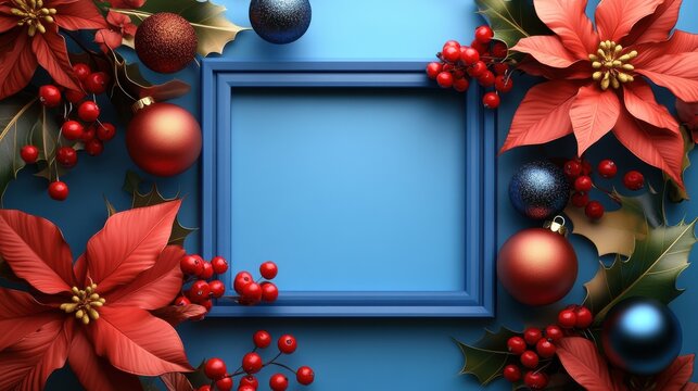 Elegant and chic 3d festive Christmas background with pine cones borders and leaves, mistletoe, red berries, poinsettias for greeting card, invitations