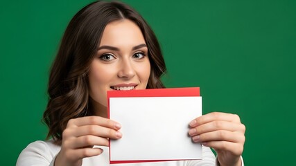 Happy Young Woman with Beautiful Smile Holding Blank White Card in Front of Green Screen for Greeting Card Advertising Business Promotion and Marketing Campaigns