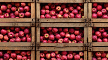 Abundant Red Apples Filling Wooden Crates at Harvest Time Close Up View of Farm Fresh Produce