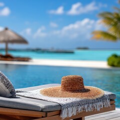 Straw Hat on Lounge Chair by Pool in Tropical Resort Setting Relaxing Vacation Getaway Close Up