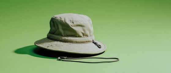 Khaki Bucket Hat Still Life on Green Background Studio Shot Minimalist Style Travel Accessory Headwear Fashion