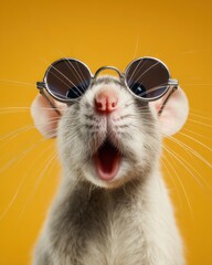 Funny rat wearing sunglasses looking up with open mouth studio shot on yellow background close up animal portrait