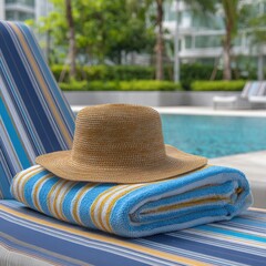 Straw hat and folded towel on striped lounge chair by pool in tropical resort setting summer vacation relaxation