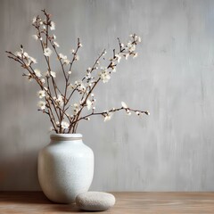 Still life of flowering branches in vase on wood table against gray wall studio shot minimalist zen style