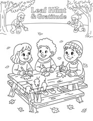 Leaf Hunt & Gratitude Kids collecting and drawing leaves for gratitude craft. Thanksgiving coloring page, fall activity, and classroom printable.