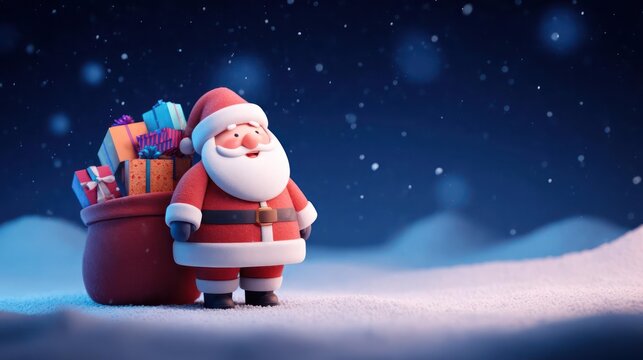 Charming cartoon santa claus standing in a snowy landscape with a sack full of colorful christmas presents - Powered by Adobe