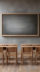 Empty Classroom with Wooden Desks and Chalkboard on Gray Wall