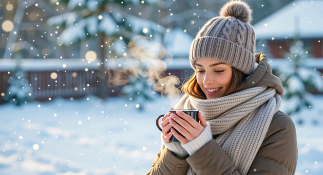 Happy woman enjoying a hot drink in the winter snow. Young female in a warm hat and scarf holding a steaming mug of coffee or tea on a cold day