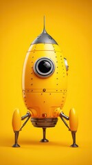 Yellow rocket ship standing still studio shot against vibrant yellow background retro futuristic design space exploration concept