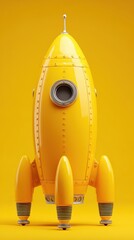 Yellow Rocket Ship Ready for Blast Off Studio Shot on Yellow Background Space Exploration Concept