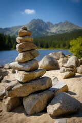 Stone Cairn on Sandy Beach at Mountain Lake Serenity Balance Zen Meditation Nature Photography