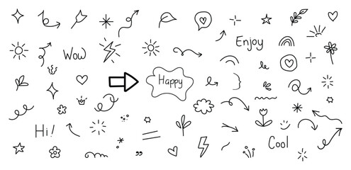 Line arrow, star, heart cute icon elements. Hand drawn sketch heart, arrow, star, flower decoration symbols. Editable Stroke. Vector illustration