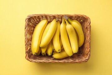 Bunch of Yellow Bananas in Wicker Basket Overhead Still Life on Yellow Background Healthy Eating Fresh Fruit Concept