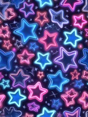Neon Stars Pattern Background, Glowing Starry Sky, Abstract Design, Full Frame, Seamless Texture, Blue Pink Purple, Modern Art, Digital Illustration