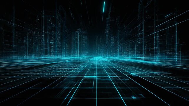 Futuristic digital cityscape with neon lights and grid lines, perfect for tech themes and backgrounds - Powered by Adobe