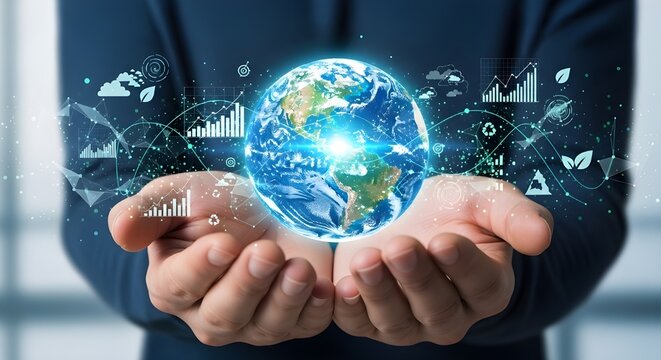 Hands Holding Digital Earth with Holographic Data and Green Technology Concept