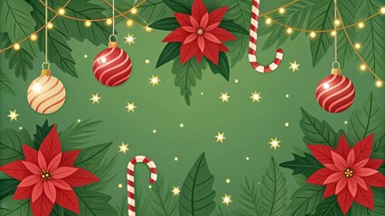 Festive Green Christmas Background with Hanging Ornaments and Poinsettia Flowers