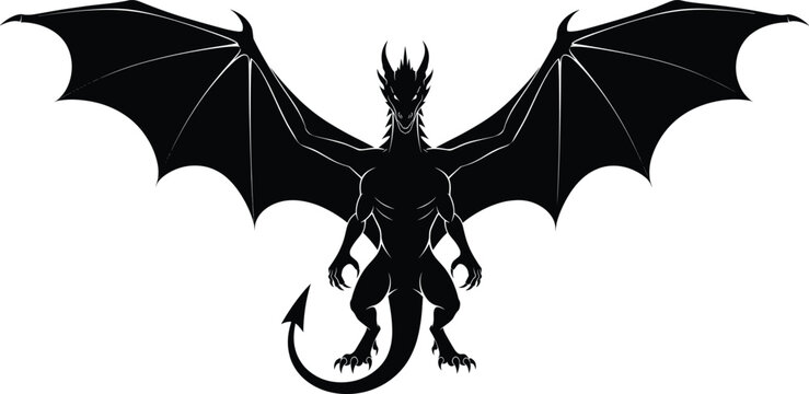 Powerful black dragon silhouette with wide wings, fantasy creature vector illustration, mythical beast design, strong monster art for fantasy and gaming themes