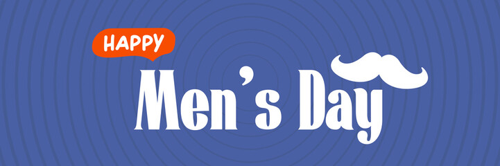 International Men's Day blue wide banner with mustache on blue abstract background. Happy mens day wide poster, banner and sticker. WORLD MALE DAY