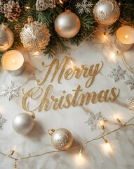 Golden Christmas Ornaments and Lights with Merry Christmas Text