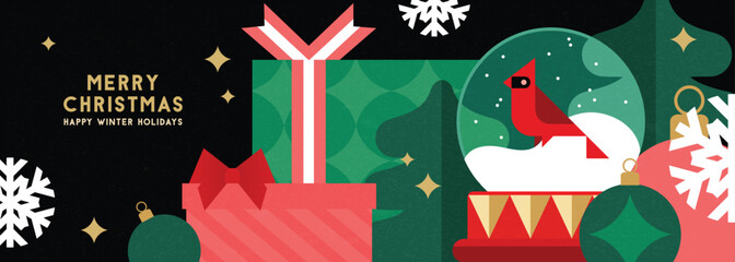 Christmas banner in contemporary flat minimalist style with snow dome. Design for Holiday banner, advent calendar or greeting card. Vector illustration
