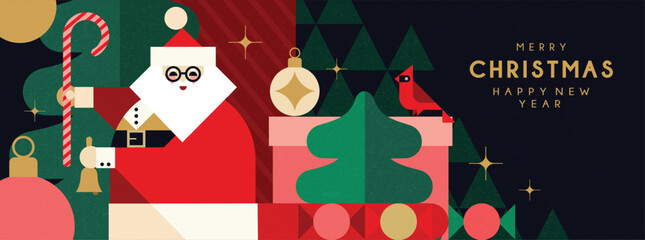Christmas banner in contemporary flat minimalist geometric style with Santa and gift boxes. Design for Holiday banners, greeting cards or advent calendar. Vector illustration